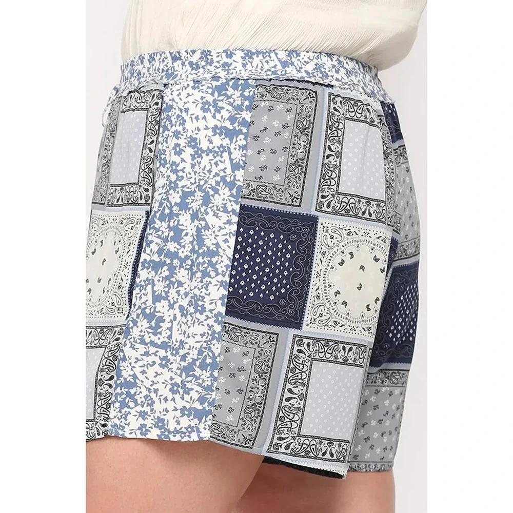 PH1178 B GiGio Patchwork Print Mixed and Elastic Waist Shorts Plus Sizes